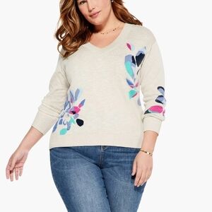 NIC+ZOE Cream V-Neck Sweater with Colorful Accents Size LP